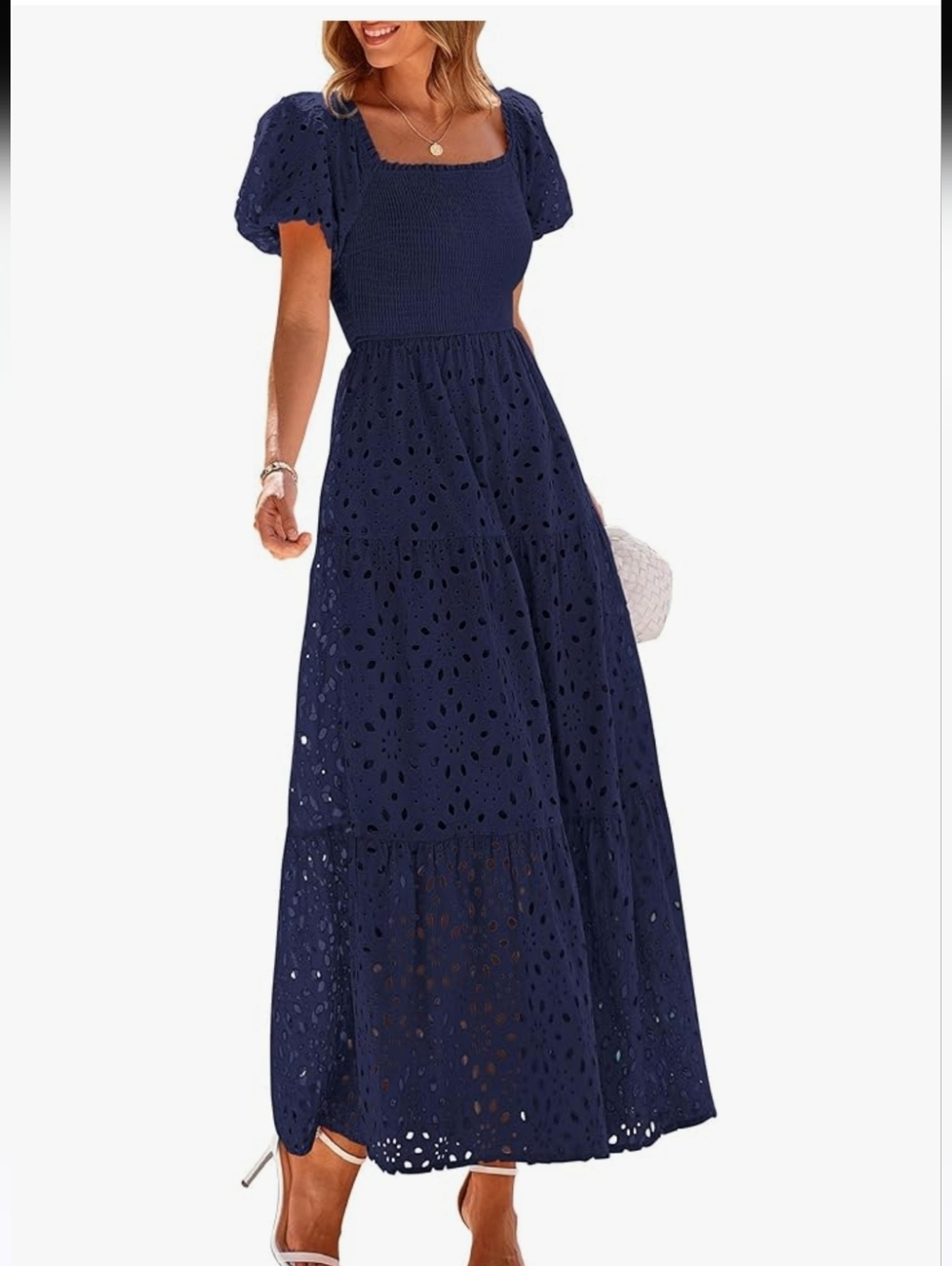 Smocked Square Neck Eyelet Maxi Dress in Navy Size L By PrettyGarden